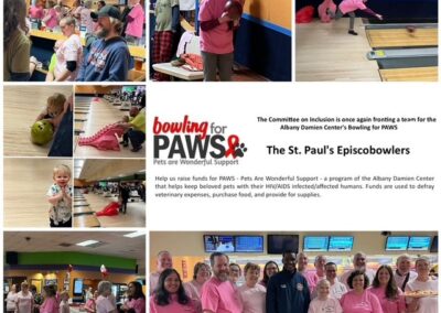 People in a bowling alley participating in a charity event called "Bowling for PAWS," supporting pets of individuals affected by HIV/AIDS.